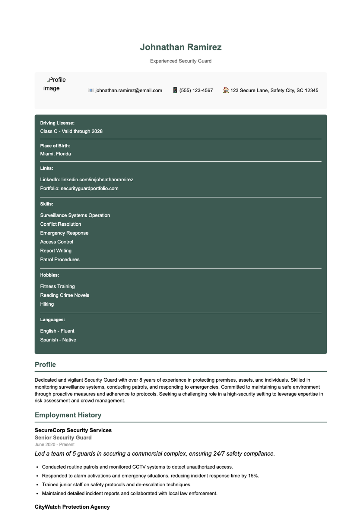 Professional security guard resume with green sidebar and detailed work history_variant_1